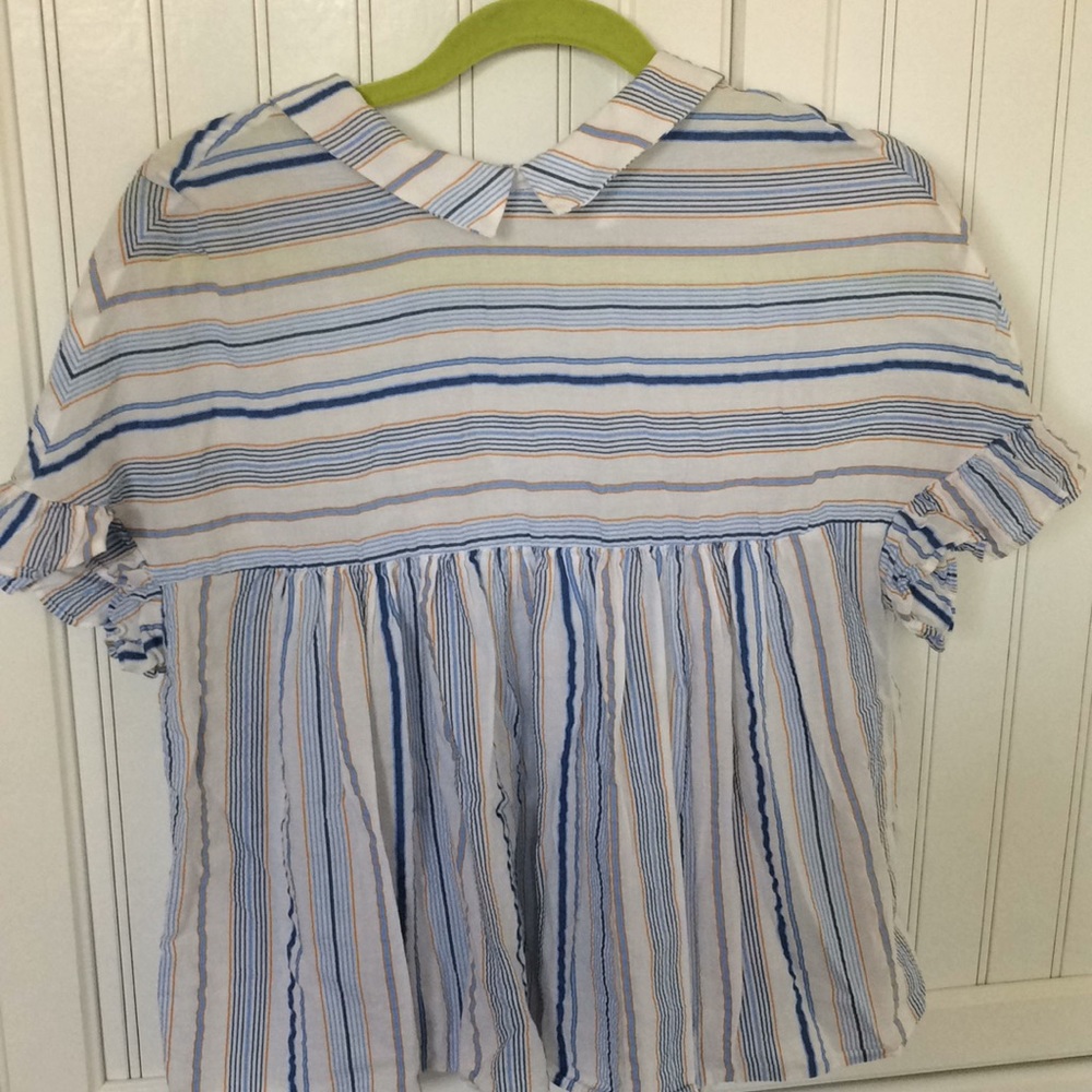 Zara blue and yellow striped peplum ruffle blouse